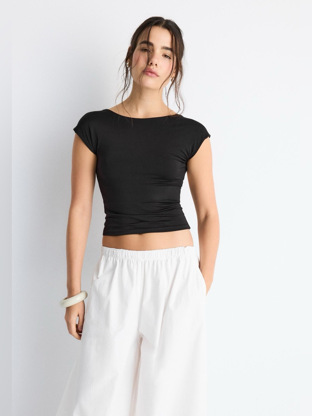 Stradivarius Black Open-Back T-Shirt